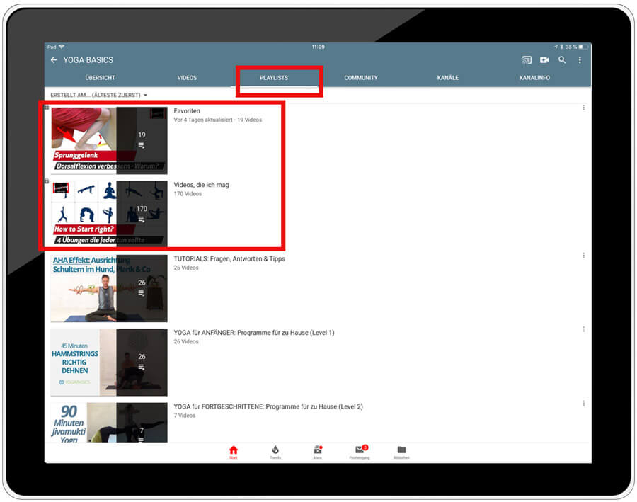 Yoga online kostenlos lernen - eigene Playlists und Favoriten