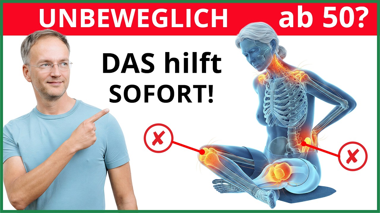 Silvio zeigt auf eine anatomische Darstellung eines Körpers in gebeugter Haltung mit markierten Schulter-, Hüft- und Kniegelenken. Darüber steht „Unbeweglich ab 50?“.
