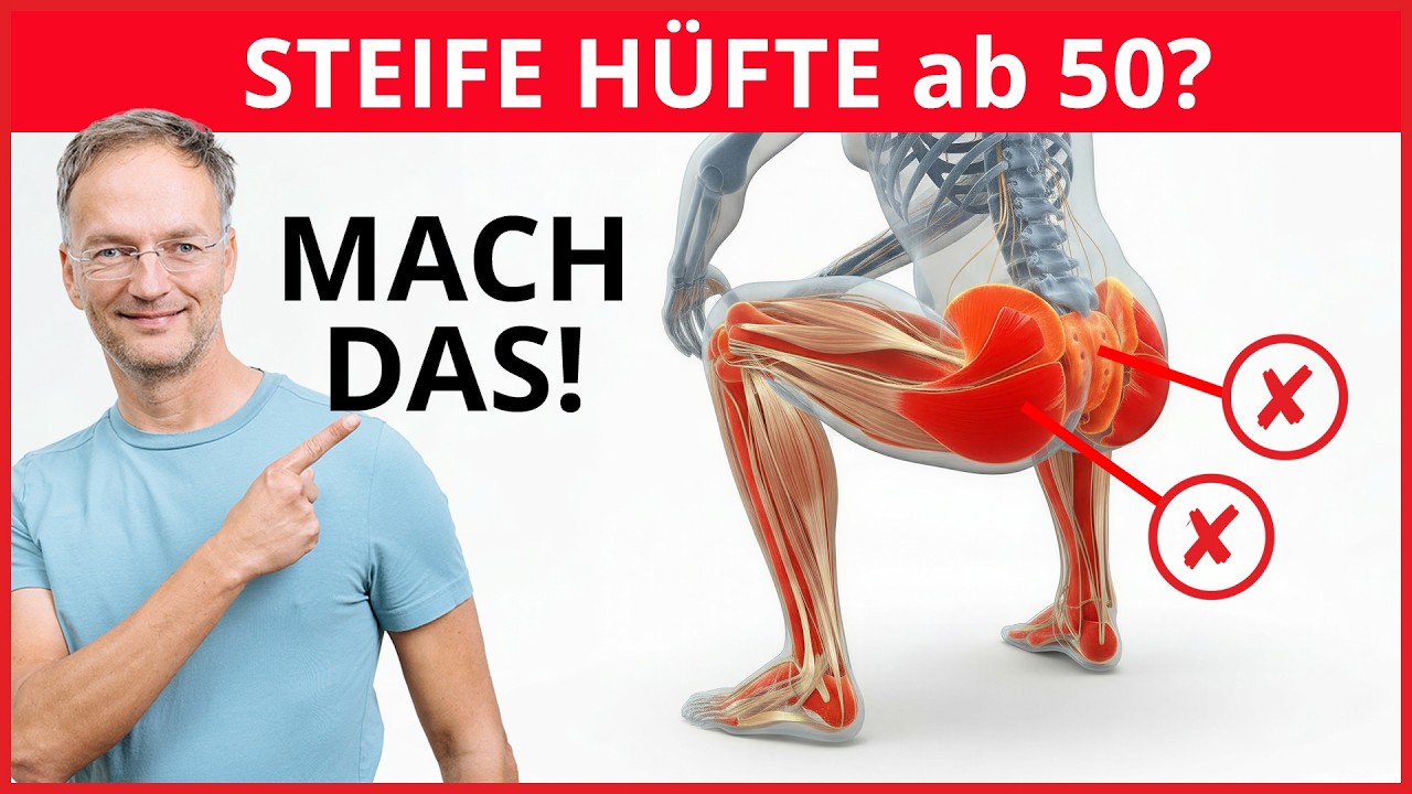 Silvio zeigt auf eine anatomische Darstellung der Hüft- und Gesäßmuskulatur; darüber steht „Steife Hüfte ab 50?“.