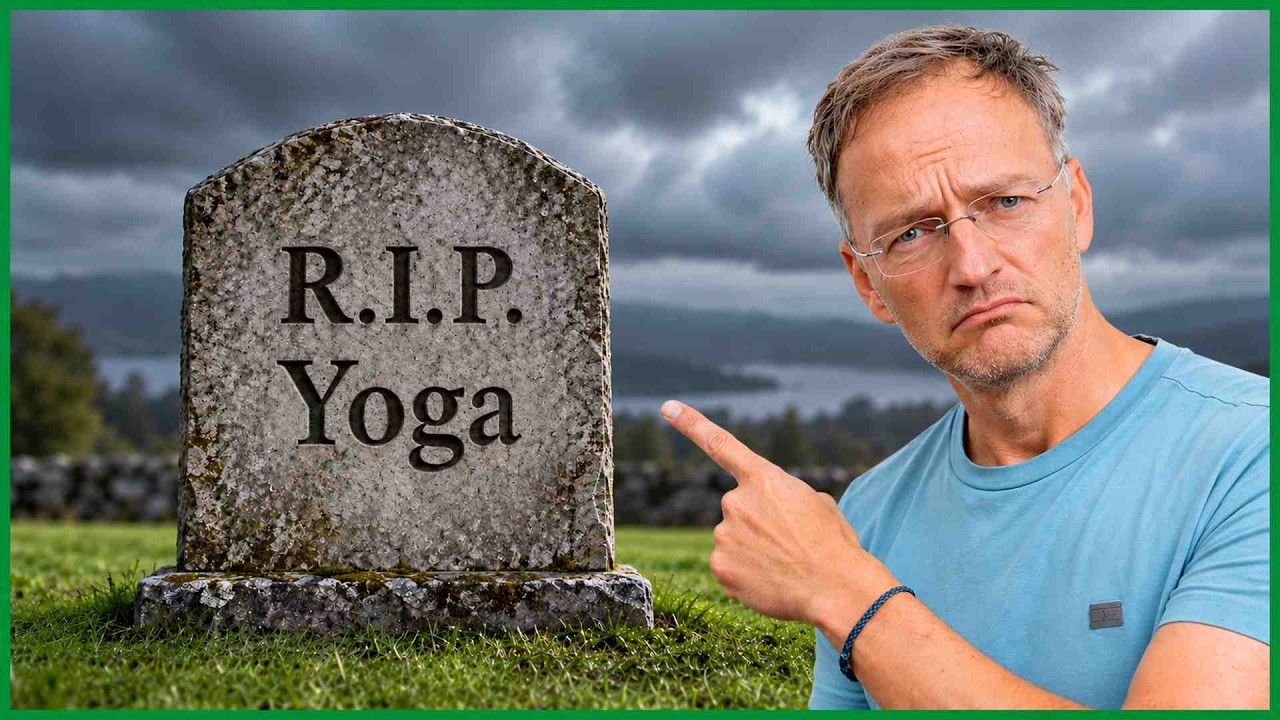 Silvio zeigt mit fragendem Gesichtsausdruck auf einen Grabstein mit der Aufschrift R.I.P. Yoga.