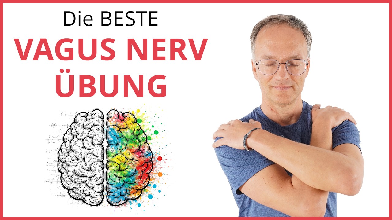 Silvio umarmt sich mit geschlossenen Augen; daneben eine Gehirnillustration und die Aufschrift „Die beste Vagus Nerv Übung“.