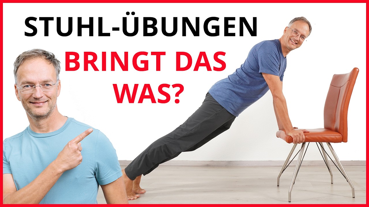 Silvio stützt sich mit beiden Händen auf eine Stuhlsitzfläche und zeigt eine schräge Plankposition; daneben steht „Stuhl-Übungen – bringt das was?“.